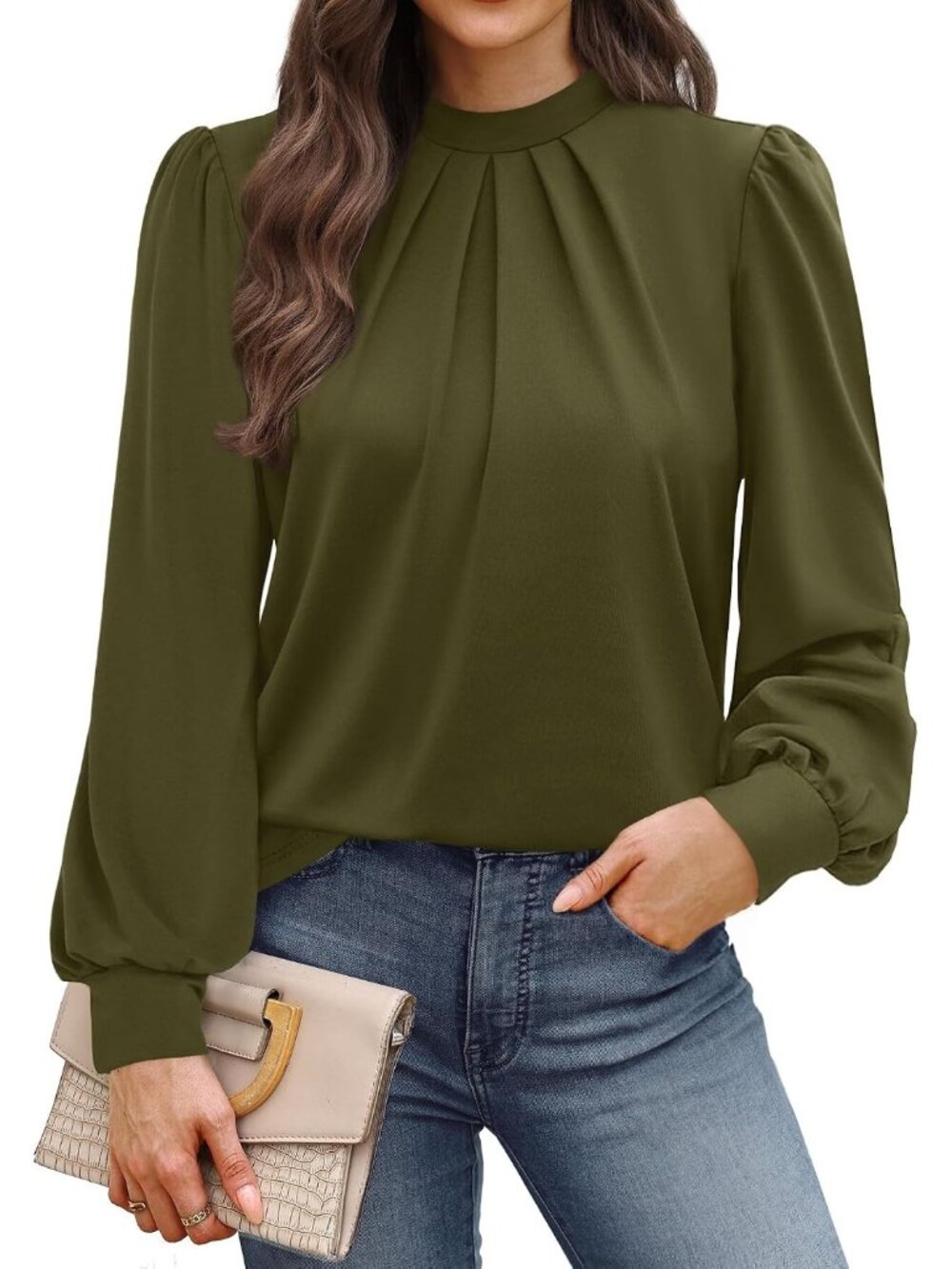Women Army Green Long Sleeve Shirts Casual Pleated Front Blouses Mock Neck Tops